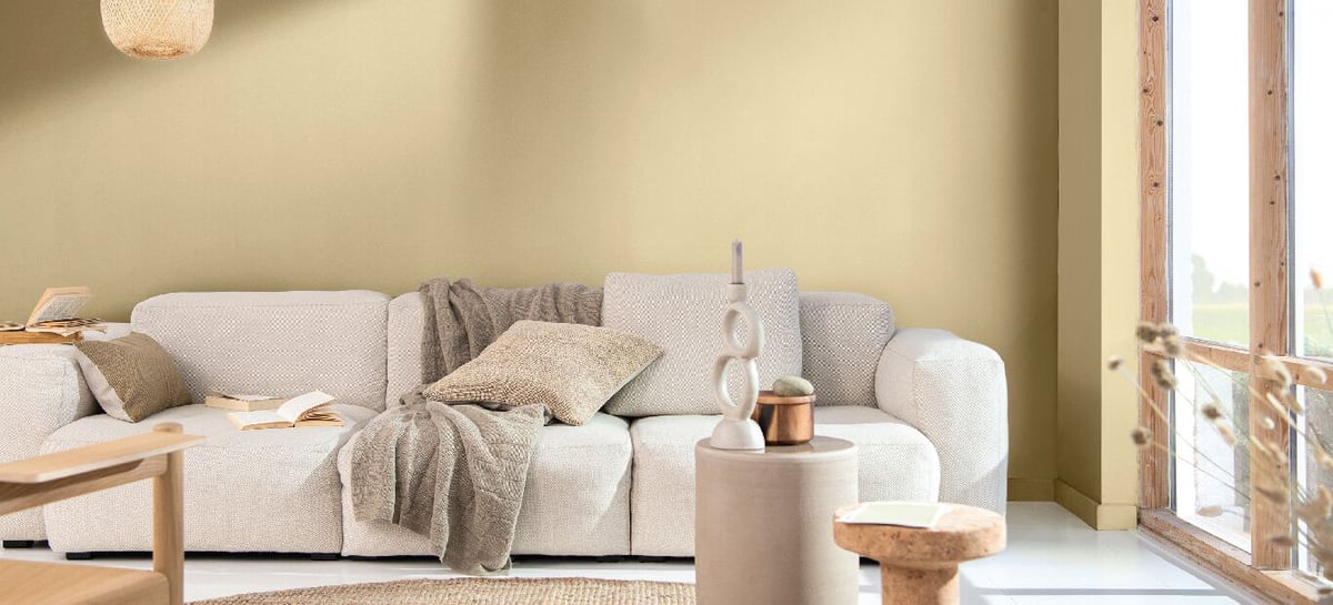 Bright living room with beige sofa, cushions and blanket, and a window with natural light