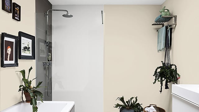 Bright modern bathroom with a glass shower, white sink, wall art, and hanging plants near the window.
