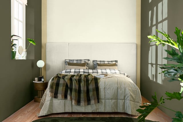 Bedroom with a bed, plaid cushions, a blanket, and green plants near the windows