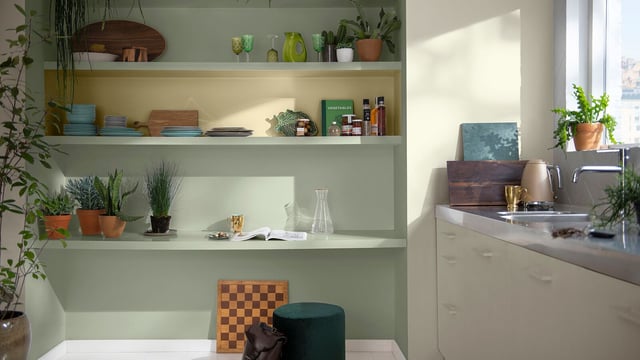 Bright kitchen interior with open shelves, plants, and green accents near the sink